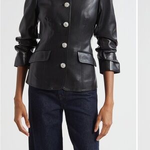 Cinq à Sept- Dark Blue Crystal Button Scrunched Faux Leather Jacket